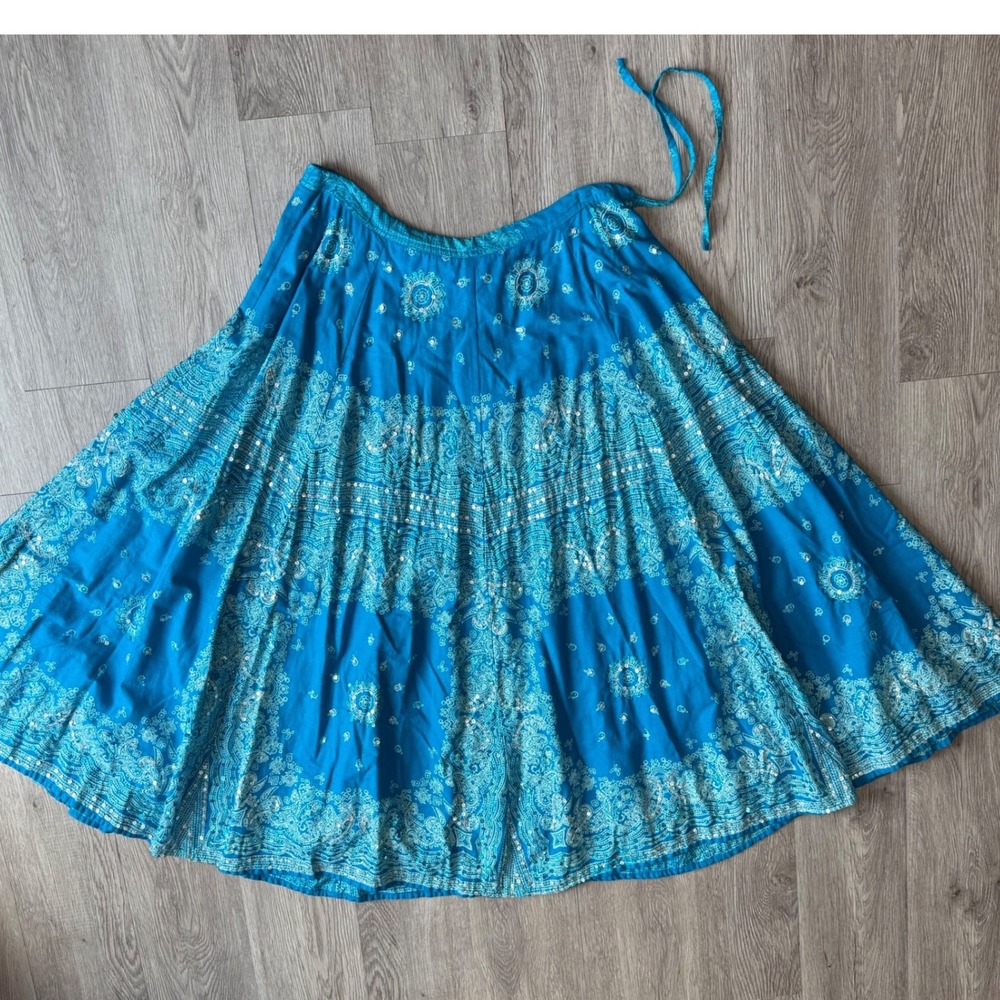 Soft Surroundings Paisley Skirt Blue Cotton Boho Womens M Petite festial peasant